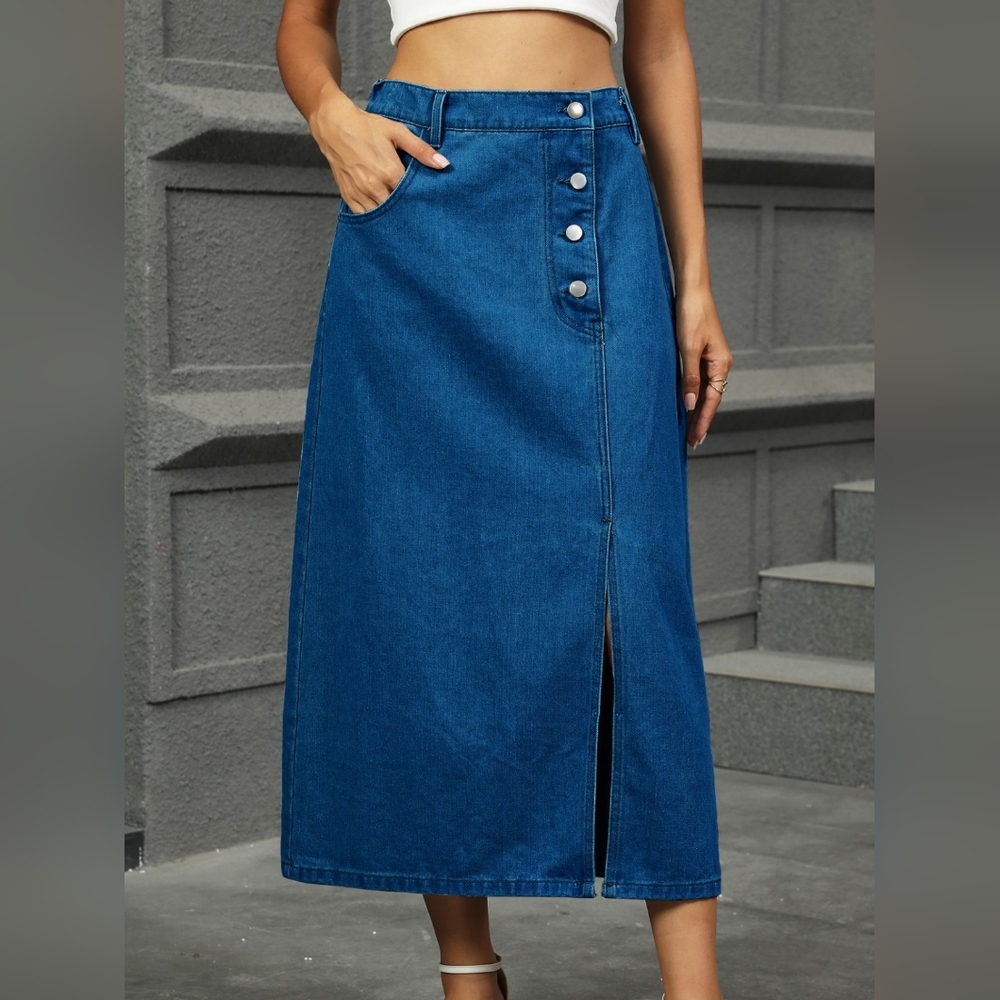 Elastic High-Rise Asymmetrical Button Waist Slit Denim Retro Jean Midi Skirt